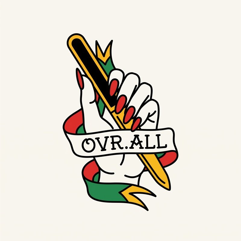 OVR.ALL tattoo-flash graphic: a hand with red nails gripping a nail file, ribbon reading OVR.ALL